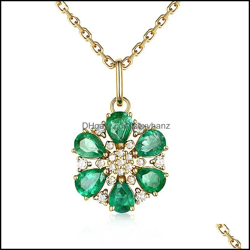 elegant flower necklace emerald zircon gemstone pendant jewelry ornament women wedding six petal flower diamond pendant