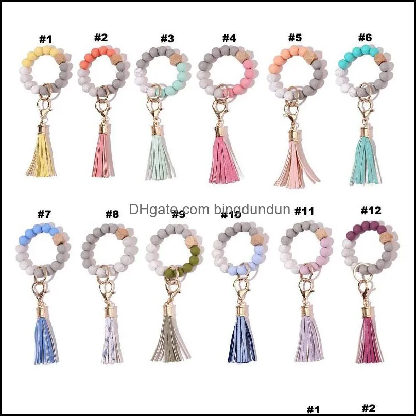 silicone beaded bangle keychain with tassel for women party favor wristlet key ring bracelet paa10248