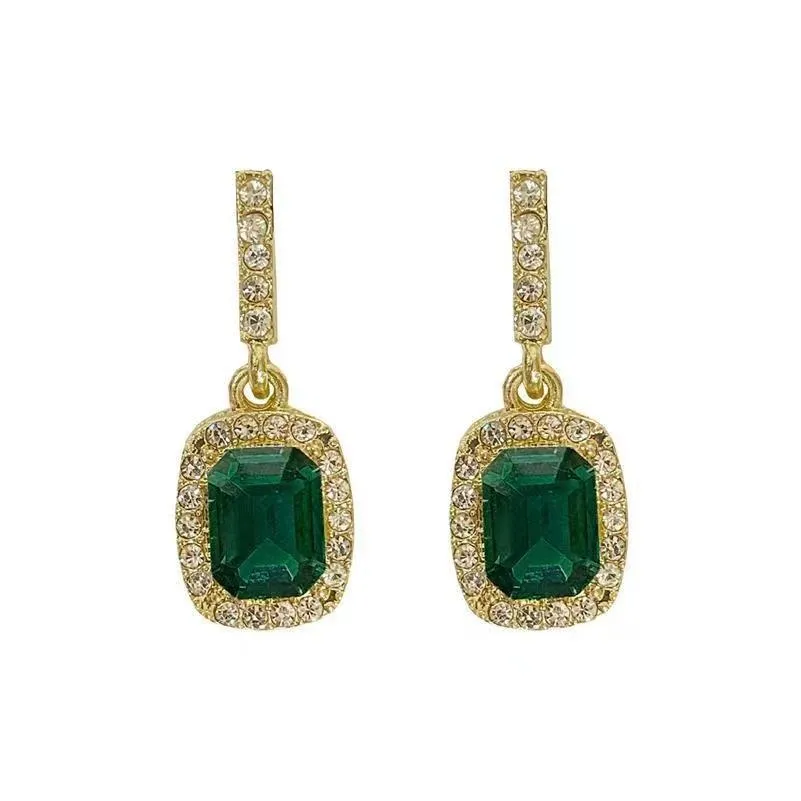 fashion jewelry s925 silver post earrings for women retro design geometric emerald square diamond rhinestone dangle stud