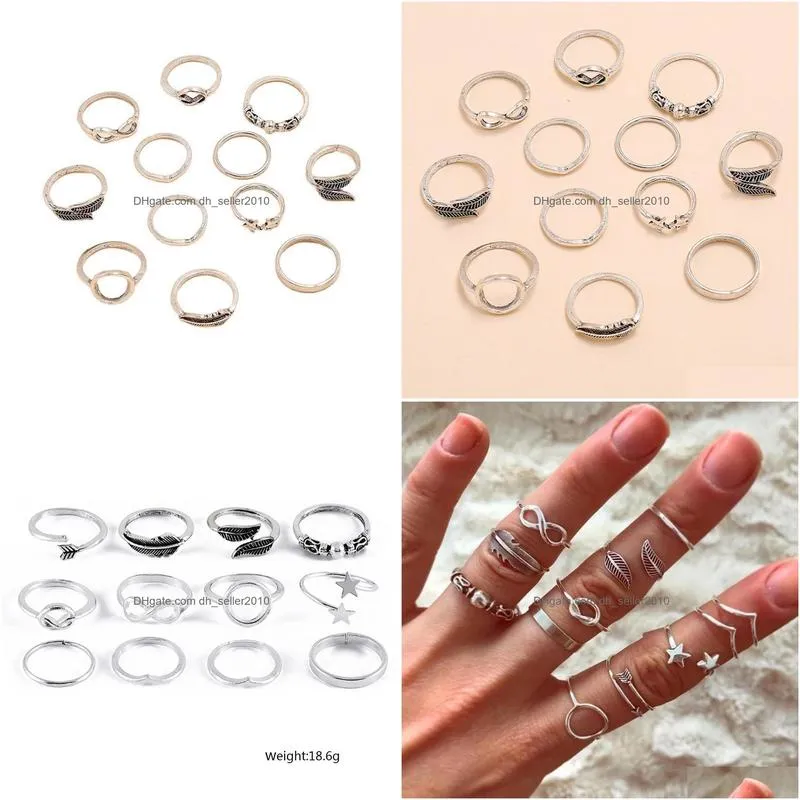 bohemina fashion jewelry ring set vintage geometric feather arrow star rings sets 12pcs/set