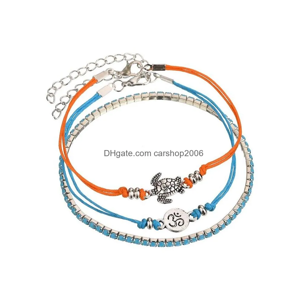 fashion jewelry 3d flower anklets set wax wire handmade woven turtle chain anklet foot ornament 3pcs/set