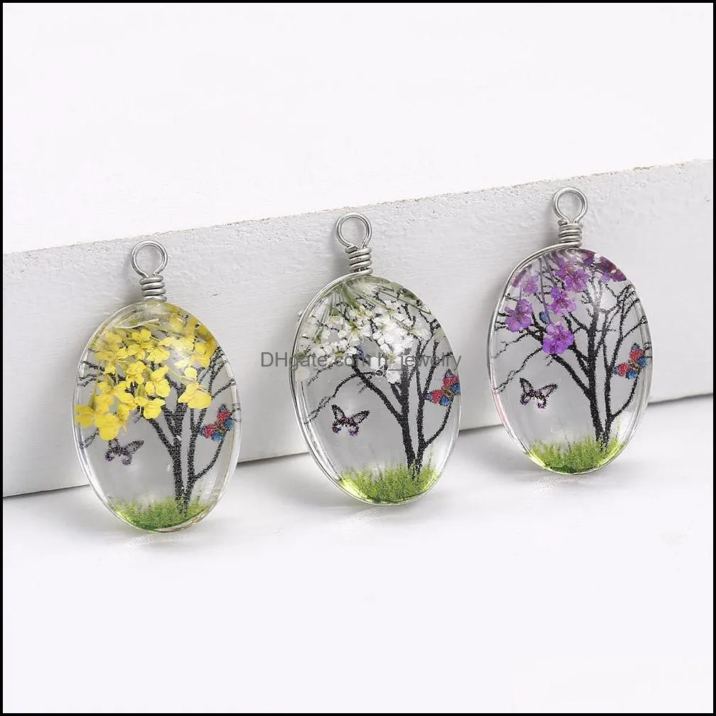 designer creative dried flower pendant for earring necklace woman fashion glass oval ball pressed flower for diy jewelry making