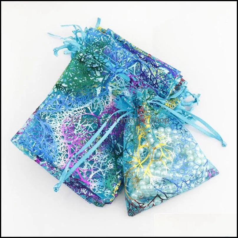 coralline organza drawstring jewelry packaging pouches party candy wedding favor gift bags design sheer with gilding pattern 10 x15cm 379