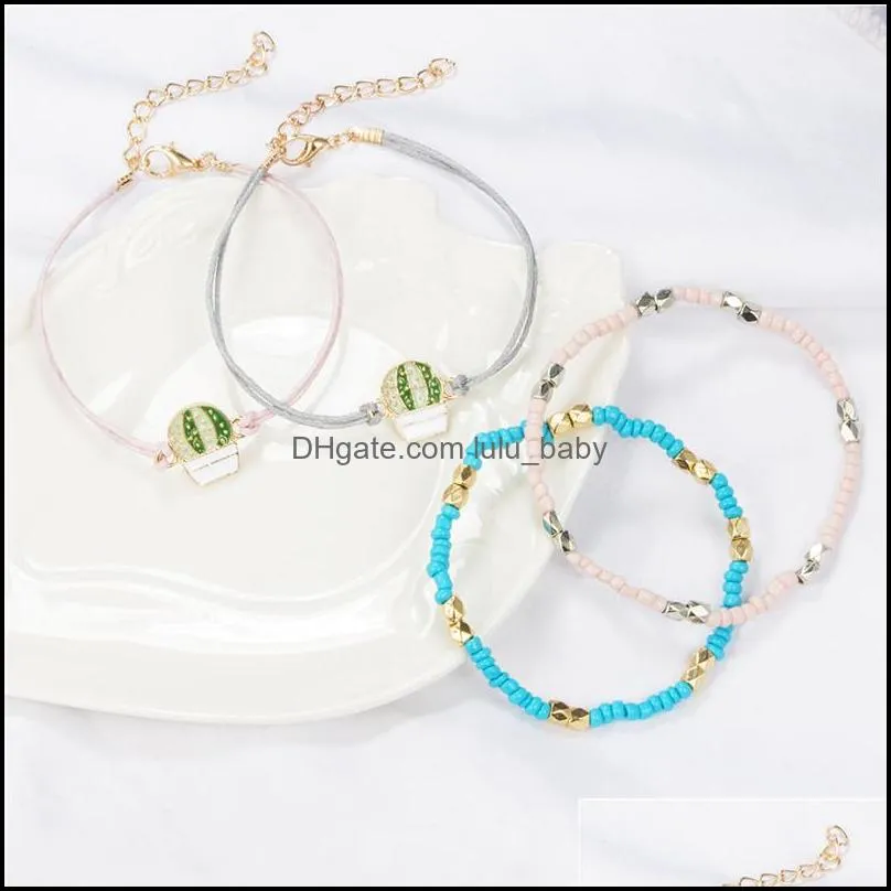 4pcs/set pink blue beaded bracelet vintage boho prickly pear cactus charm rope bracelets bangles for wome 2019 summer 