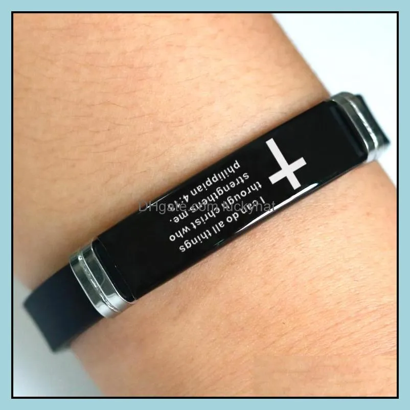 cross bible verse quotes bracelets for men women soft silicone bangle stainless steel bracelet male jesus christ faith prayer