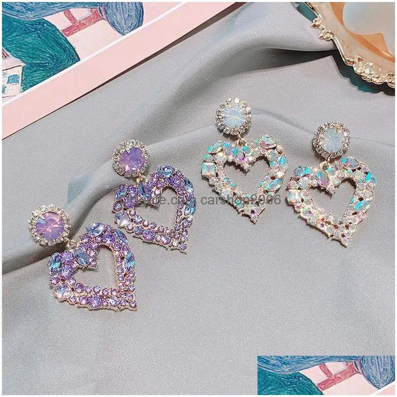 fashion jewelry s925 silver post diamond crystal dangle peach heart earrings purple stud earrings