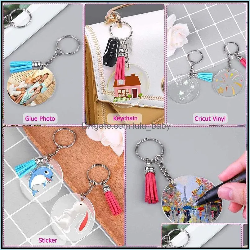 acrylic transparent circle keychain blank making 2 inch clear round discs tassel key rings for diy craft pendant ornaments