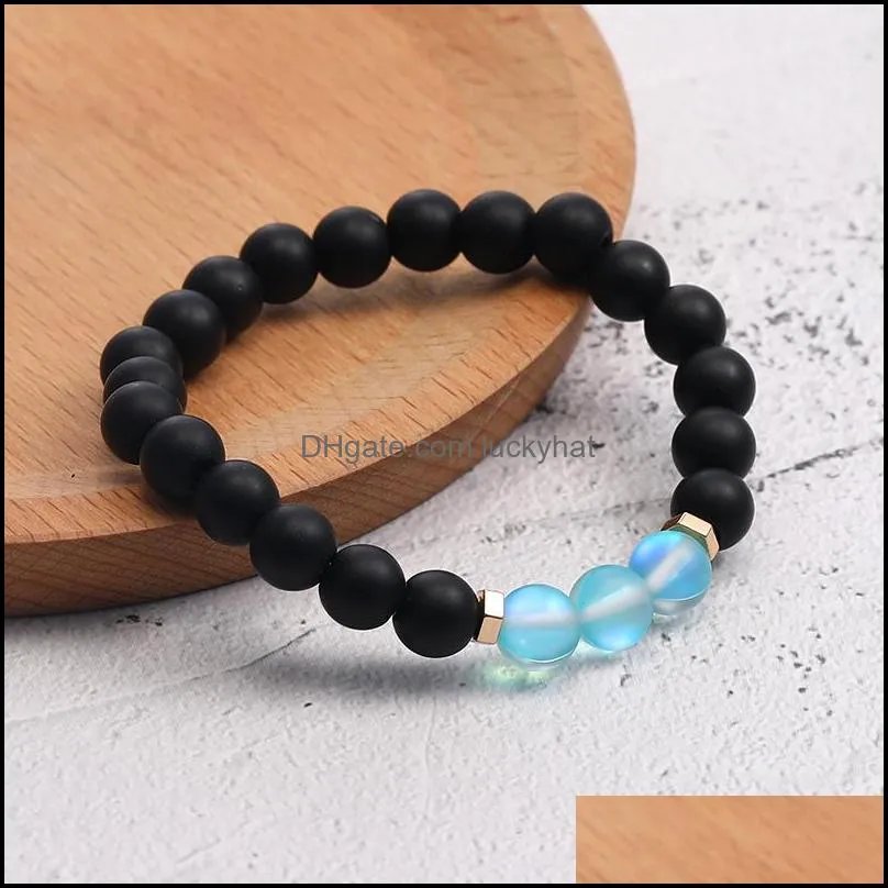  fashion design colorful glass crystal natural flash stone bead bracelet for women men 6mm black matte agate elastic bracelet jewelry