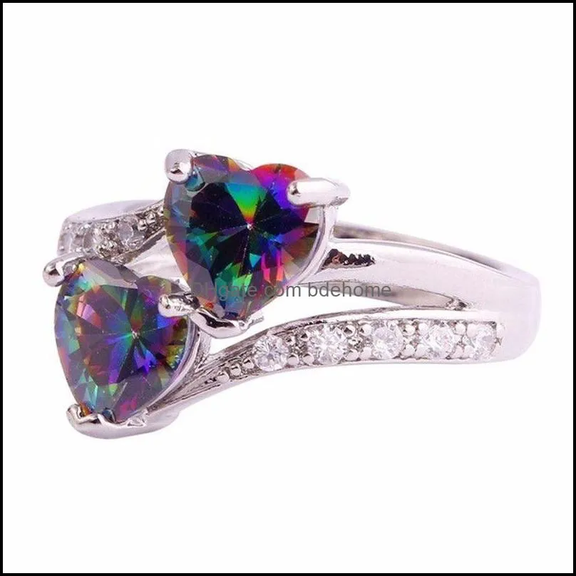 pretty rings mystic rainbow zircon double sterling silver plated birthstone jewelry wedding rings bdehome