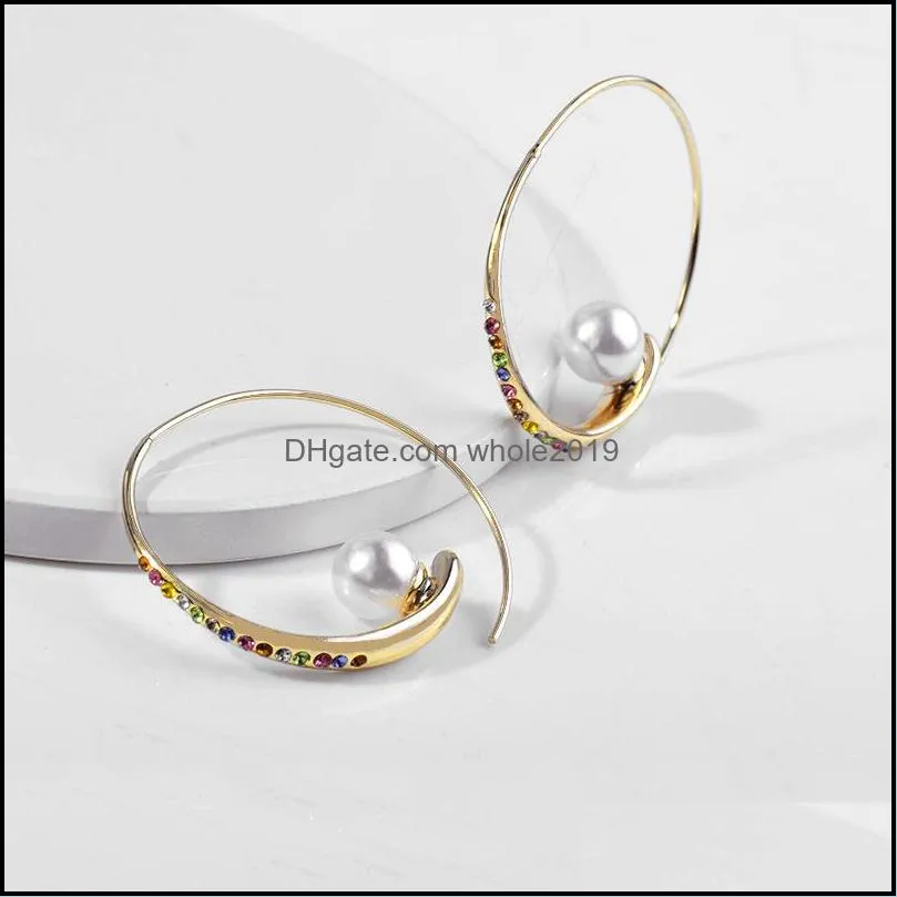 elegant women multicolor rhinestone circle earrings with floating pearl wedding jewelry accessories gold plated crystal hoop earring