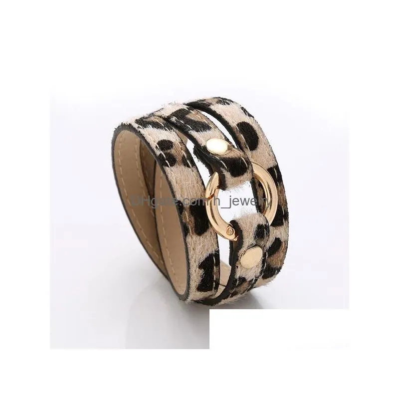 fashion jewelry pu leather bracelet multilayer wrapped leopard horsehair pu bangle bracelet