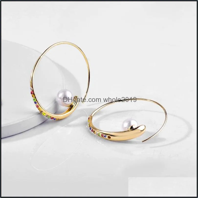 elegant women multicolor rhinestone circle earrings with floating pearl wedding jewelry accessories gold plated crystal hoop earring