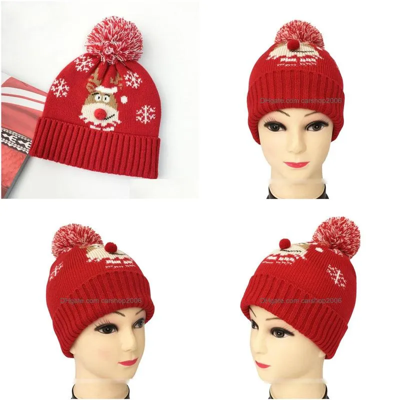 autumn winter christmas hat snowflake jacquard pattern red hem wool ball caps big girl womens knitted beanies warm hats