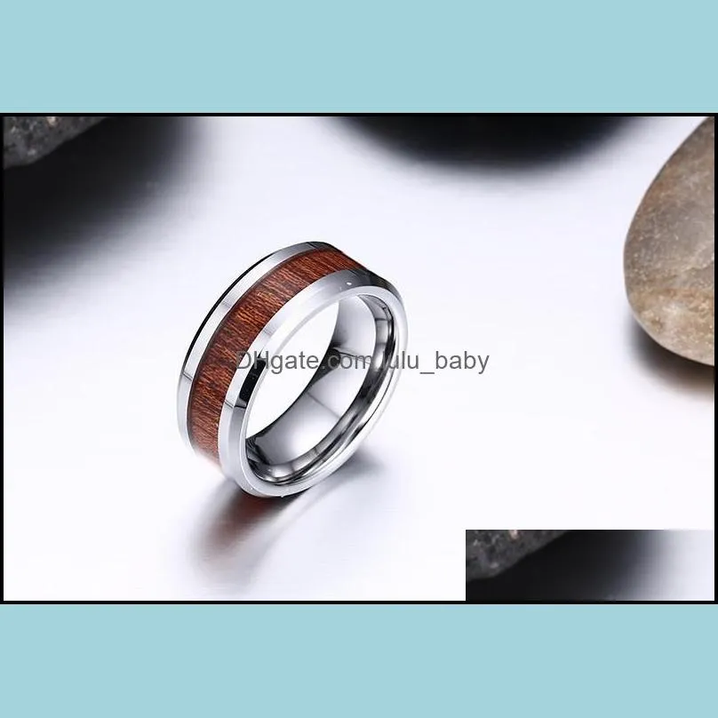 valentines day nature 8mm wood inlay polish mens ring black silver titanium steel wedding band engagement ring wholesalez