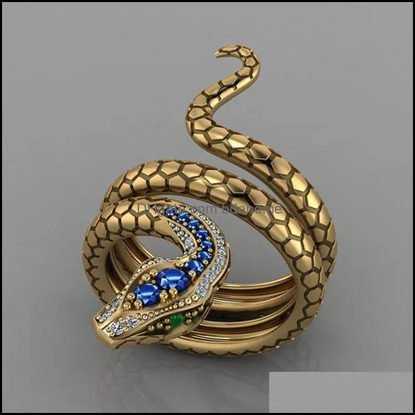 hiphop creative money snake ring personality domineering inlaid sapphire zircon multicircle snake ancient gold ring girl gift bdehome