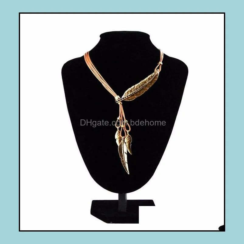 choker necklaces alloy feather pendants vintage rope gold chain necklace women accessories wholesale jewelry bdehome