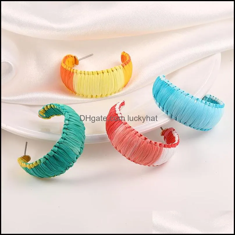 bohemian colorful raffia knit big c shaped earrings for women 2019 rainbow color handmade straw woven stud earring ethnic jewelry
