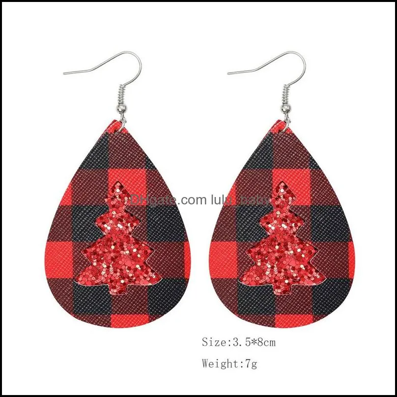 christmas tree pu leather earring red plaid sequin lattice water drop earring christmas deer head ear jewelry for women