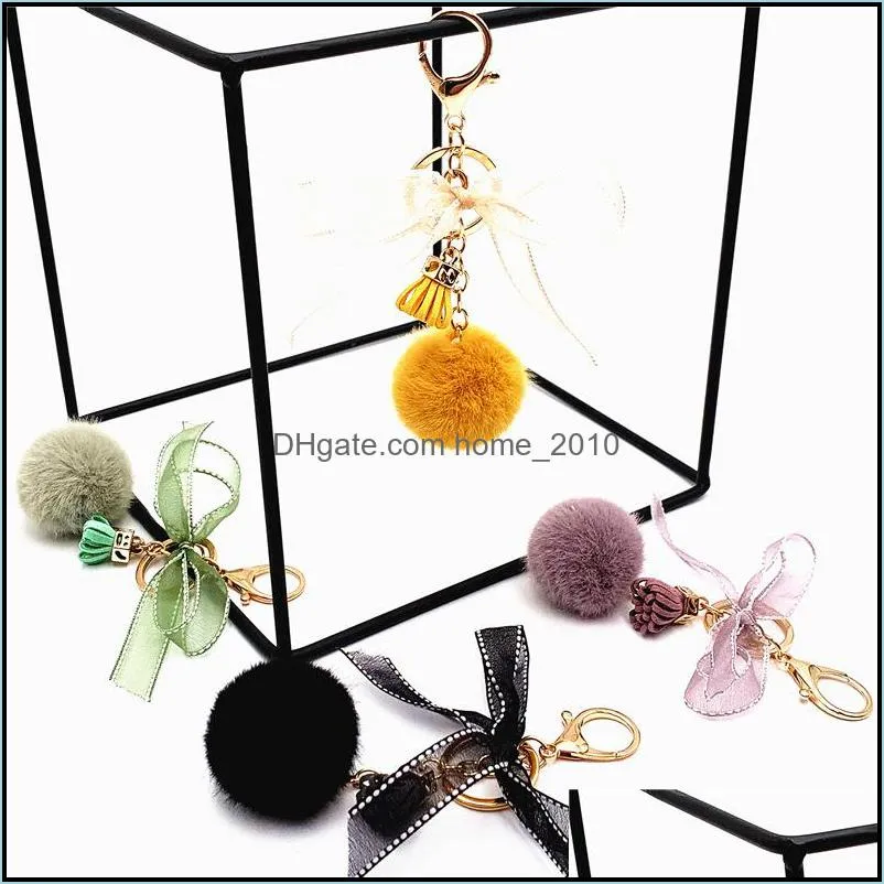 cute bow keychain lace ball bag plush pendant cartoon car key chain for women bag or cellphone wq646