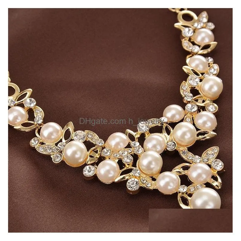 europe party casual jewelry set womens faux pearl rhinestone clavicle chain necklace with earrings