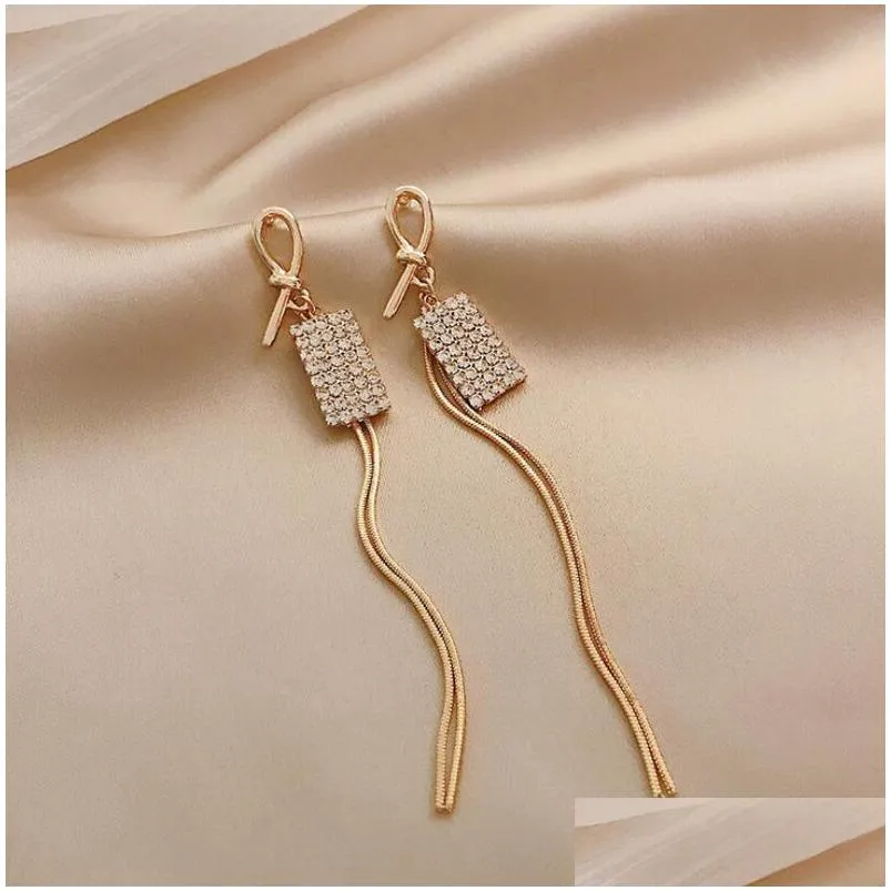 fashion jewelry s925 silver post squre rhinstone eardrop earrings long tassels dangle stud earrings