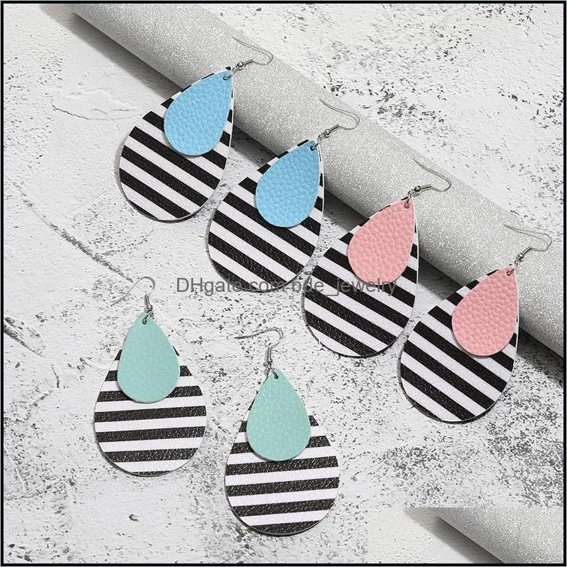 2020 fashion glitter teardrop leather earrings double layer stripe dangle drop earrings for women jewelry big statement earringsz