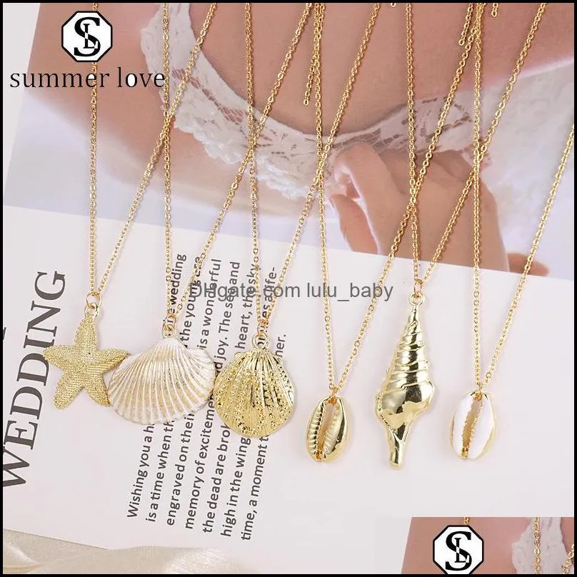fashion sea beach boho shells starfish conch stainless steel pendant necklace gold alloy charm chains simple jewelry gift for womeny