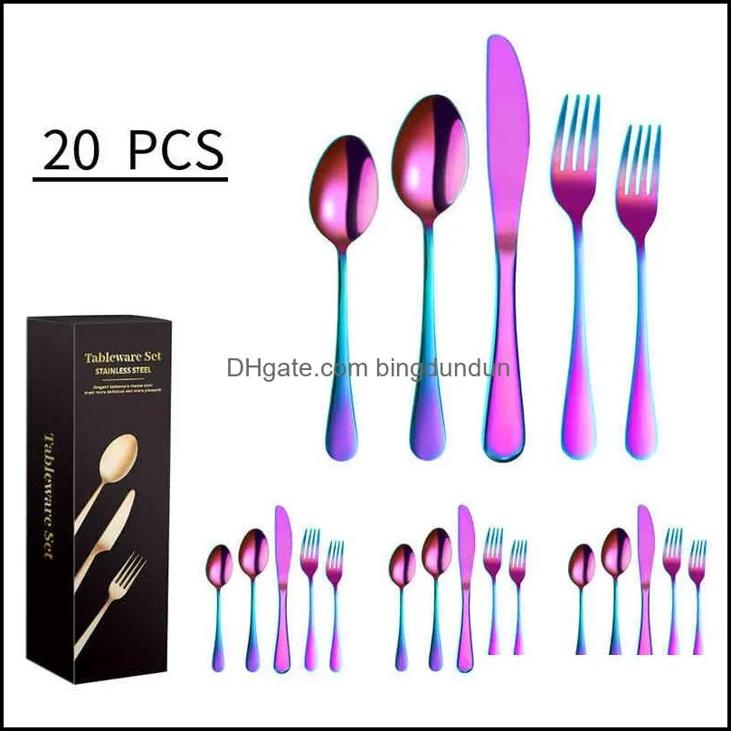 20pcs cutlery set stainless steel colorful multicolor dinnerware sets western food steak knife silverware rose gold kitchen accessories