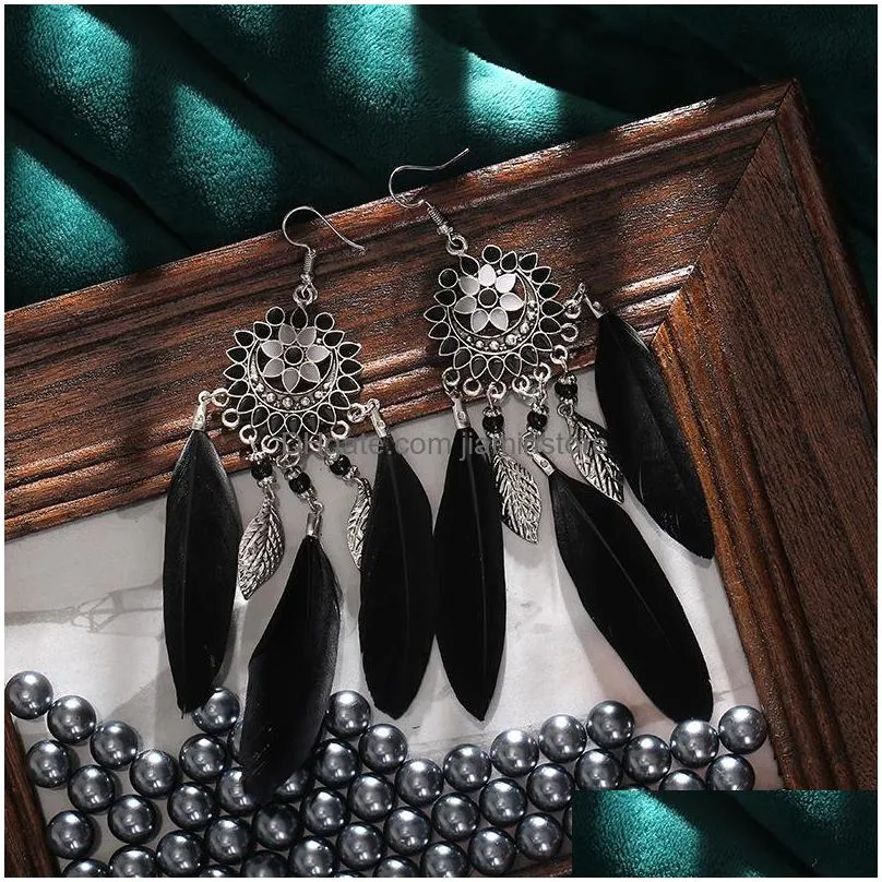 bohemian fashion jewelry vintage feather earrings hollowed flower tassels feather dangle earrings