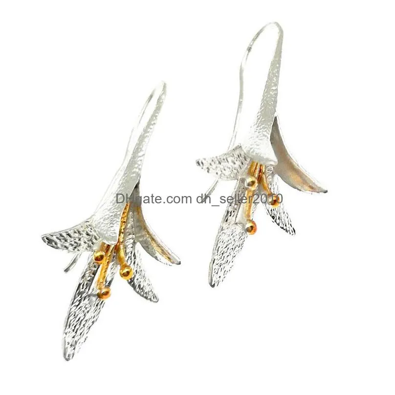 fashion jewelry womens earrings s925 silver pleated greenish lily flower dangle earrings s429