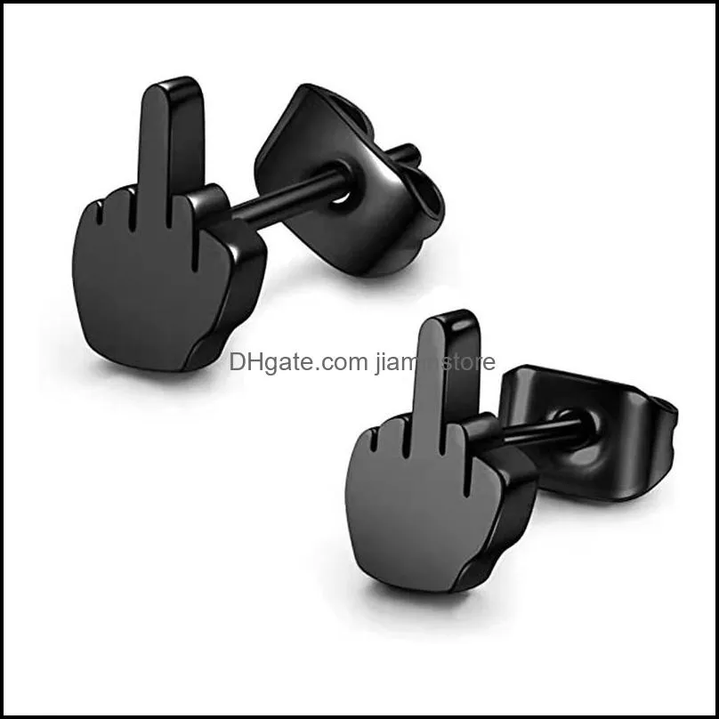 hip hop vertical middle finger stud for women men punk stainless steel anchor earrings piercing rings party fashion jewelry gift 1