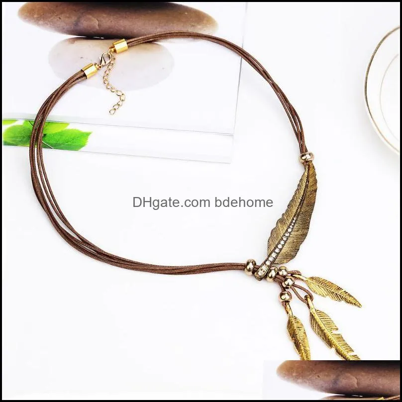 choker necklaces alloy feather pendants vintage rope gold chain necklace women accessories wholesale jewelry bdehome