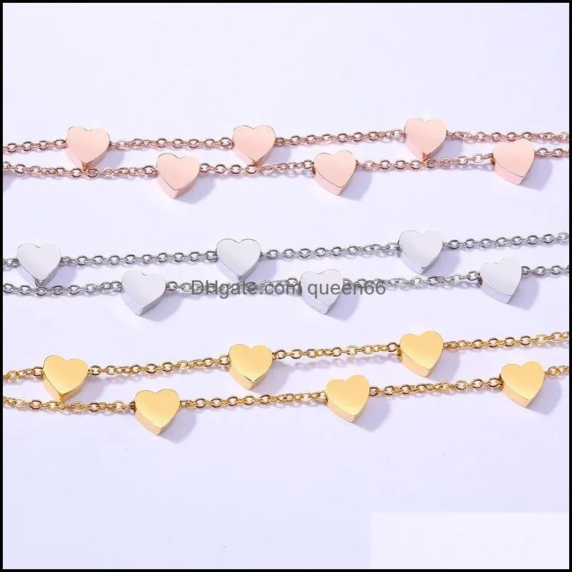  simple design stainless steel charm bracelet 2 layers rose gold link chain mini hearts lover bracelet fashion sweety style for
