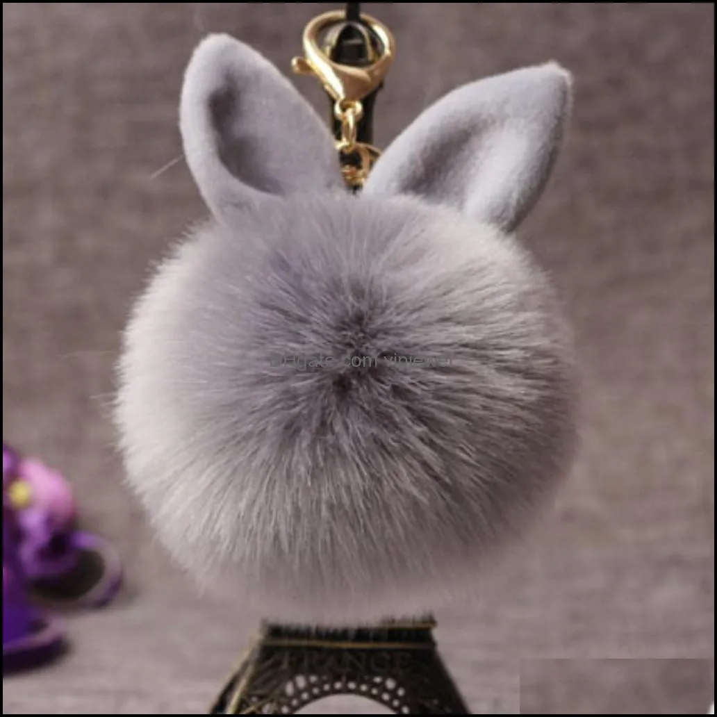 women fuzzy bunny ear keychain fashion faux rabbit fur keyfobs hoder charms bag keyring fluffy pompom key rings car pendant d316q