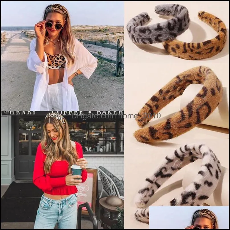 leopard print faux fur headband winter warm plush party hair hoop for women girls wide head bezel headdress wll522