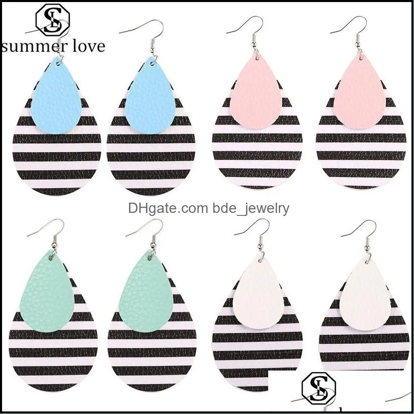 2020 fashion glitter teardrop leather earrings double layer stripe dangle drop earrings for women jewelry big statement earringsz