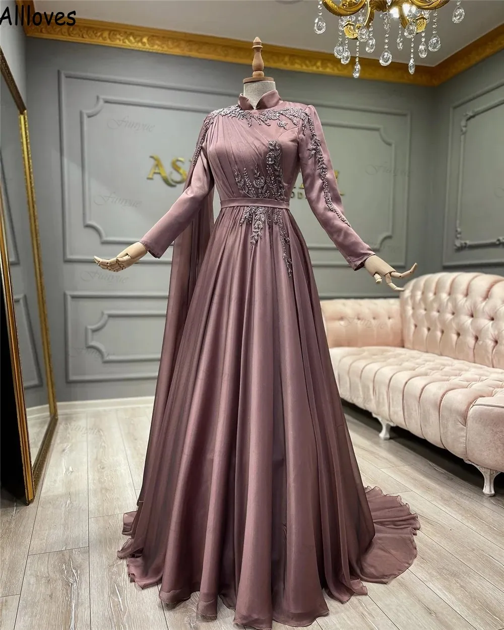 High Collar Muslim Caftan Moroccan Prom Dresses Dubai Arabic Long Sleeves Women Formal Occasion Evening Gowns With Side Wrap Lace Appliques Beaded Vestidos CL1748