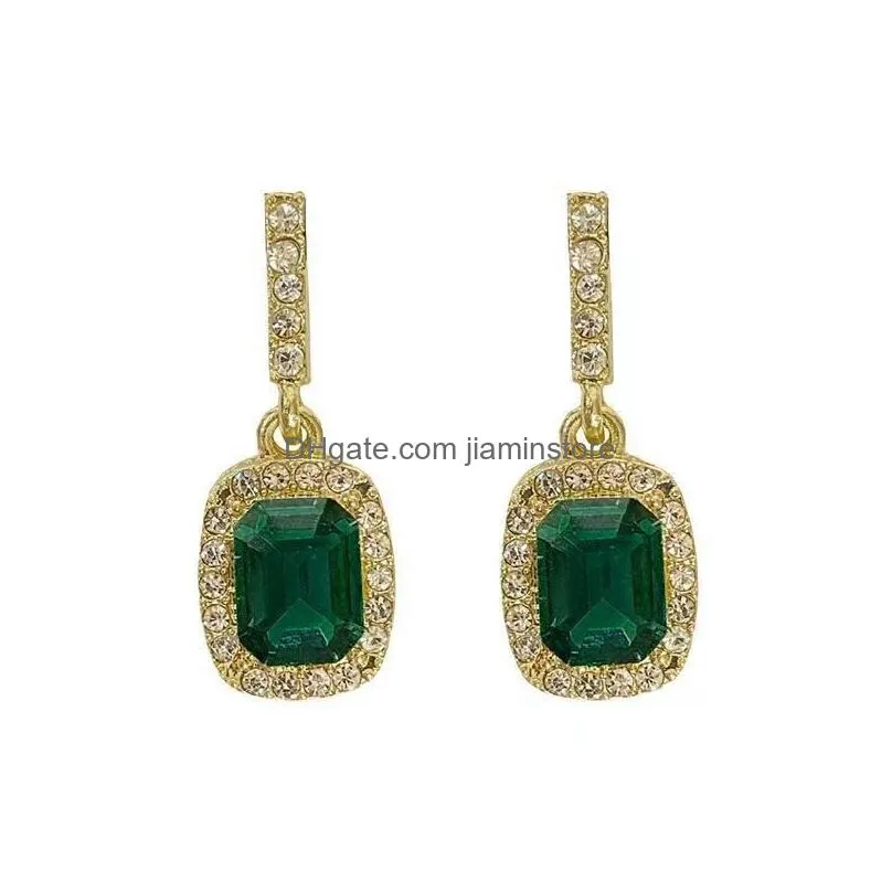 fashion jewelry s925 silver post earrings for women retro design geometric emerald square diamond rhinestone dangle stud