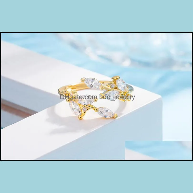 simple leaves ring fashion white zircon opening ring adjustable finger ring for women girls wedding anniversary jewelryz