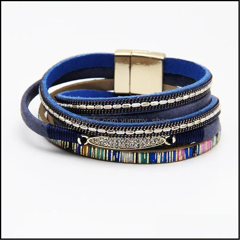 boho wrap inspirational cuff bracelet pu leather bangel with oval rhinestone pendant personalized colorful gift for women teen girlz