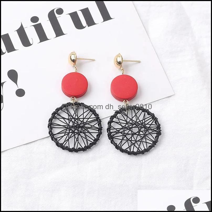 japanese and korean temperament dangle earring long wooden tassel creative hollow geometric winding dream catcher earrings