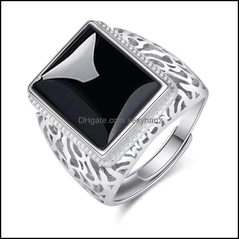 tree of life rings hollow square black zircon agate ring for men opening retro classic obsidian chalcedony mens ring