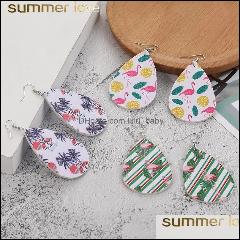 2020 design pu leather earrings for women leopard flamingo pattern teardrop leather bohemia water multi colors drop earrings jewelry