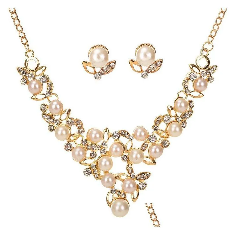 europe party casual jewelry set womens faux pearl rhinestone clavicle chain necklace with earrings