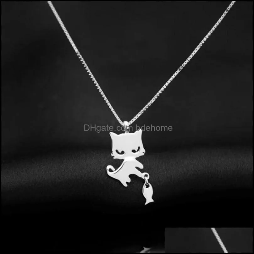 silver kitten necklace womens temperament sweet cat fishing pendant necklace collarbone chain party birthday gift cat necklaces bdehome
