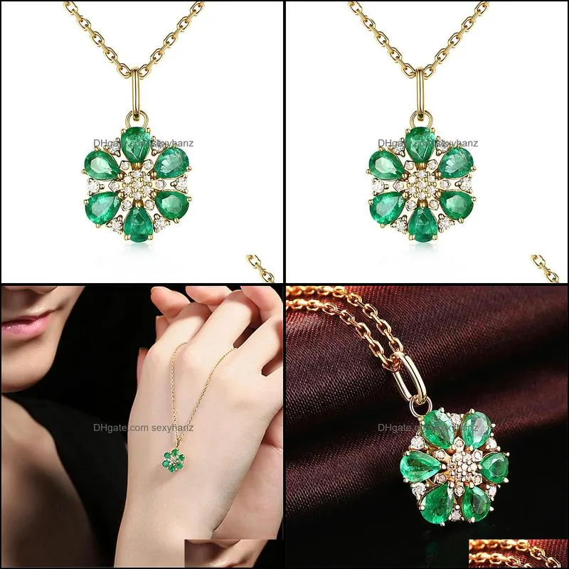 elegant flower necklace emerald zircon gemstone pendant jewelry ornament women wedding six petal flower diamond pendant