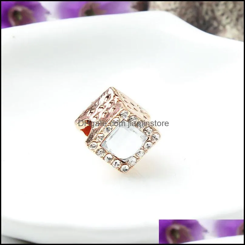  arrival 925 sterling silver rose gold square sparkle halo charm fit european charm bracelet fashion jewelry 26 e3