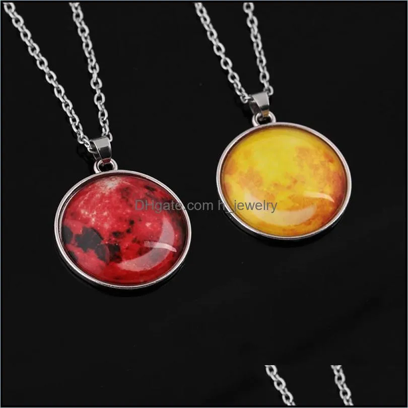 galaxy nebula moon luminous pendant necklaces 8 colors fashion glass cabochon silver chain necklace glow in the dark jewelry