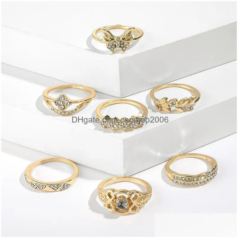 fashion jewelry knuckle ring set rhinstone butterfly leaf rings sets 7pcs/set