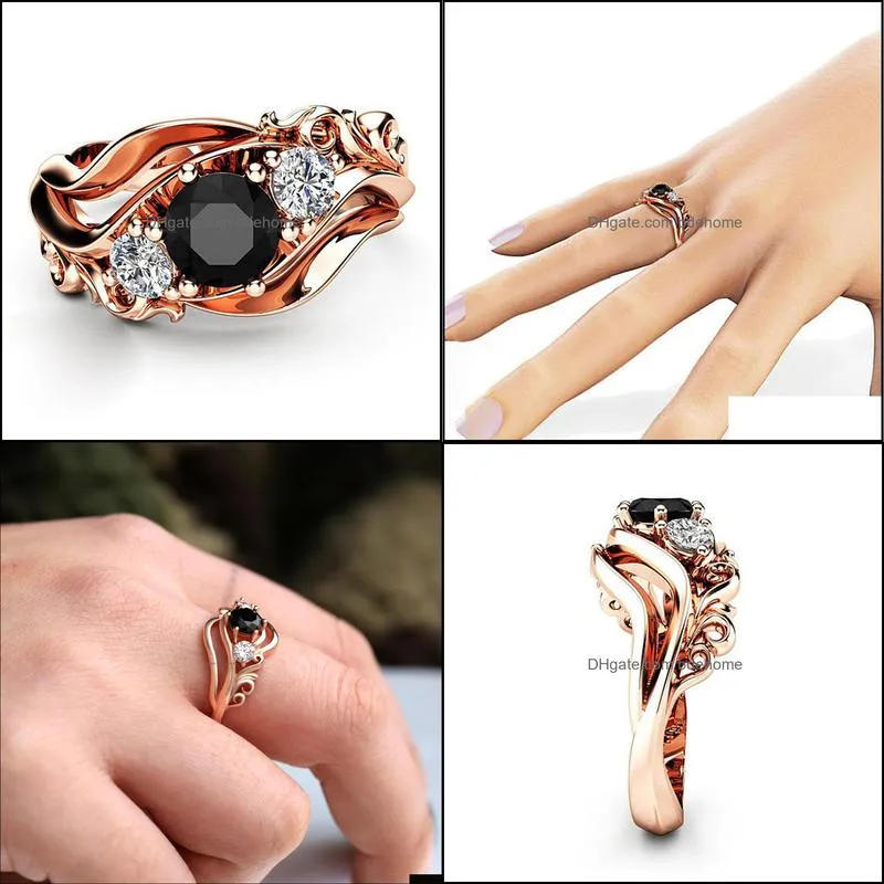 huitan witch ring unique black stone prong setting twist band design rose gold color women engagement finger rings wholesale bdehome